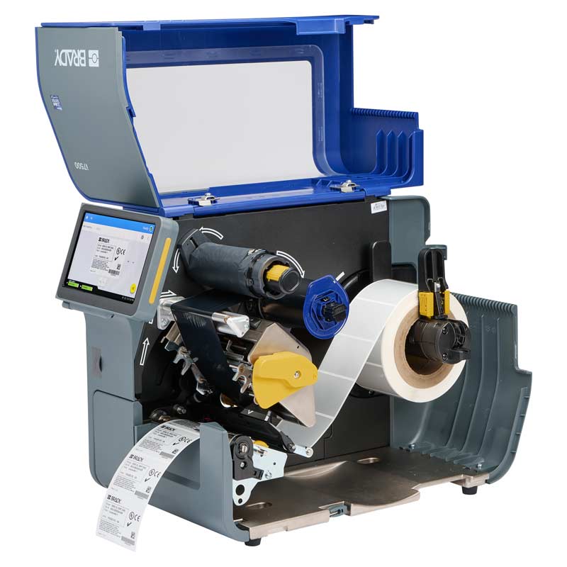 Stampante Brady i7500. Lo sportellino aperto mostra i componenti all’interno.