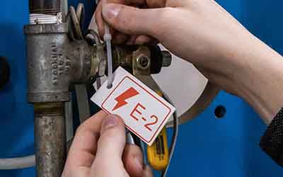 Targhetta di una fonte di energia su un macchinario.