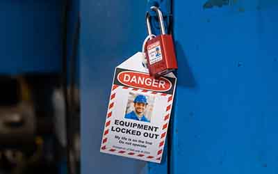 Lucchetto con targhetta di pericolo.