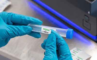 Chimico che applica un’etichetta a una fiala da laboratorio.