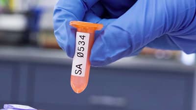 Tecnico di laboratorio che tiene in mano una provetta con un’etichetta Brady resistente alle sostanze chimiche e alle basse temperature.