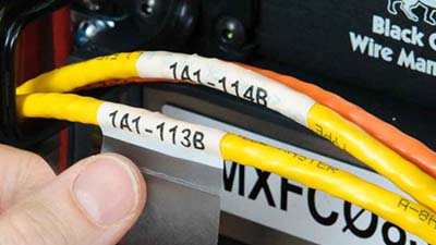 Mano che applica un’etichetta autolaminante per cavi datacom in un rack di server.