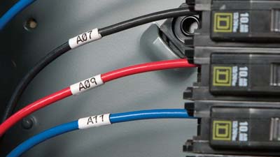 Cavi nero, rosso e blu etichettati all’interno di un quadro elettrico.