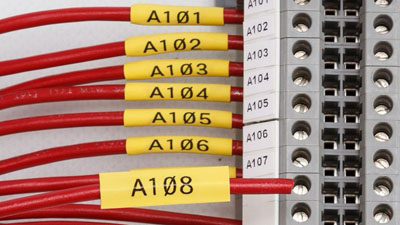 Tubetti termorestringenti che identificano diversi fili collegati a una morsettiera.