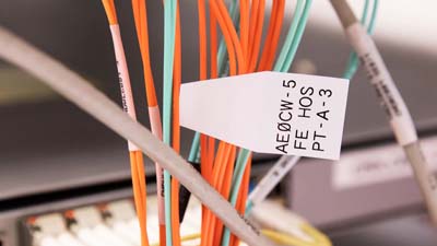 QuickFlag Brady che sporge da un cavo, in un gruppo di etichette, con testo stampato per identificarla.