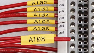 Sei tubetti termorestringenti gialli con testo A102, A103 fino a A108 stampato su ogni tubetto, tutti applicati su un quadro elettrico.