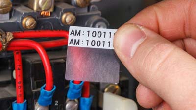 Tecnico che tiene in mano un’etichetta wrap around in vinile autolaminante davanti ad alcuni componenti elettrici. L’etichetta è bianca con testo nero e presenta una sezione trasparente che si avvolge sull’etichetta una volta applicata per proteggerla