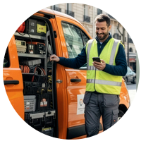 Installatore che guarda uno smartphone con furgone sullo sfondo