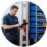 Installatore con furgone aperto sullo sfondo