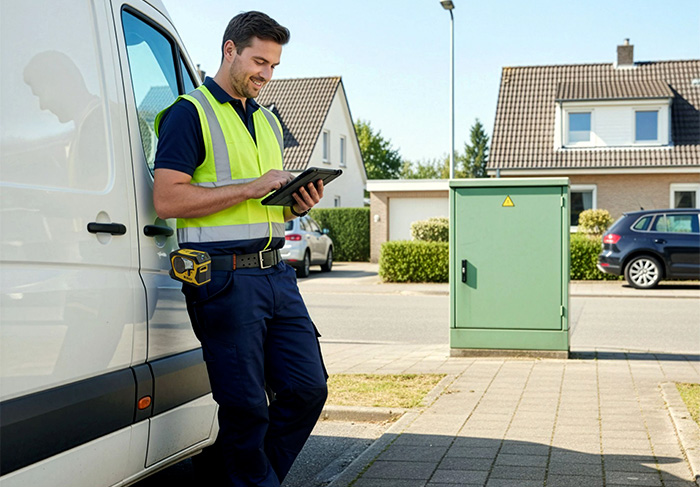 Elettricista vicino a un furgone con illustrazione di uno smartphone