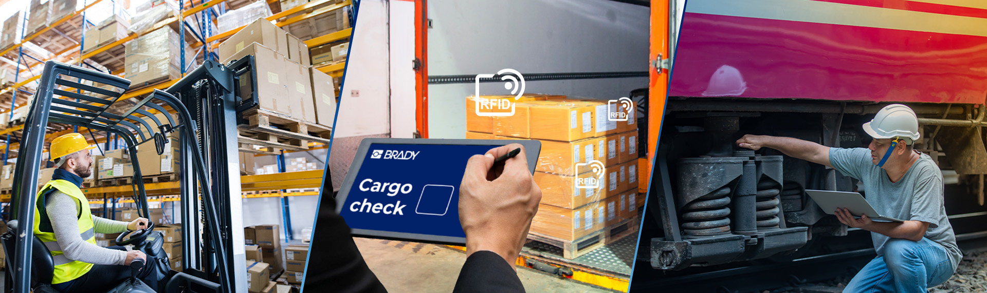 Collage di tre immagini dell’utilizzo della tecnologia RFID in diverse applicazioni: in un magazzino, all’interno di un camion e sotto un macchinario pesante.